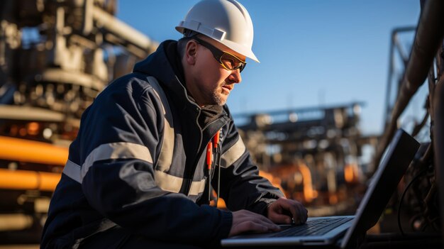 Fotografía de un trabajador de una fábrica en una refinería de petróleo usando una computadora portátil