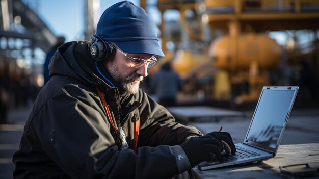 Fotografía de un trabajador de una fábrica en una refinería de petróleo usando una computadora portátil