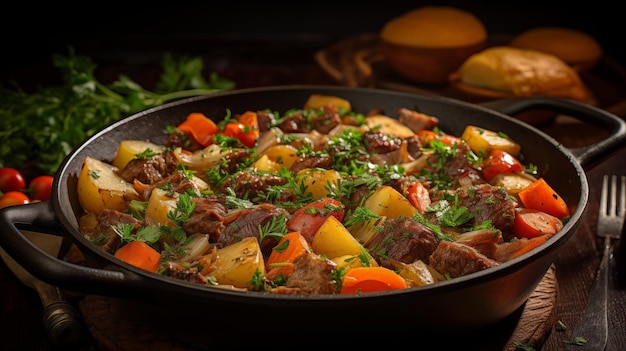 Fotografía tradicional de alimentos coloridos que muestra cordero tierno y verduras gruesas en estofado irlandés