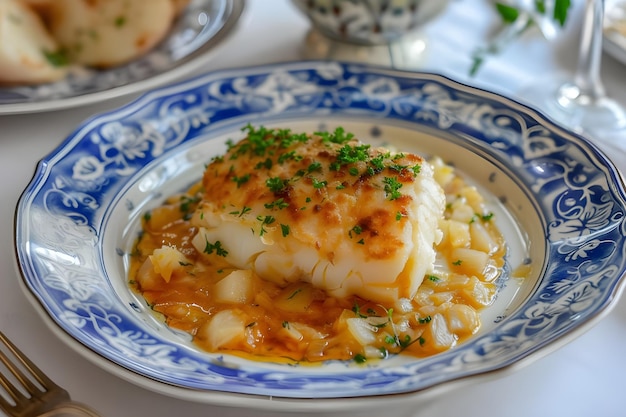 Fotografía tradicional de la comida portuguesa Presentación del plato de bacalao