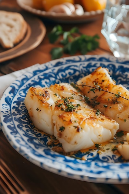 Fotografía tradicional de la comida portuguesa Presentación del plato de bacalao