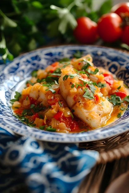 Fotografia tradicional de comida portuguesa Apresentação de pratos de bacalhau