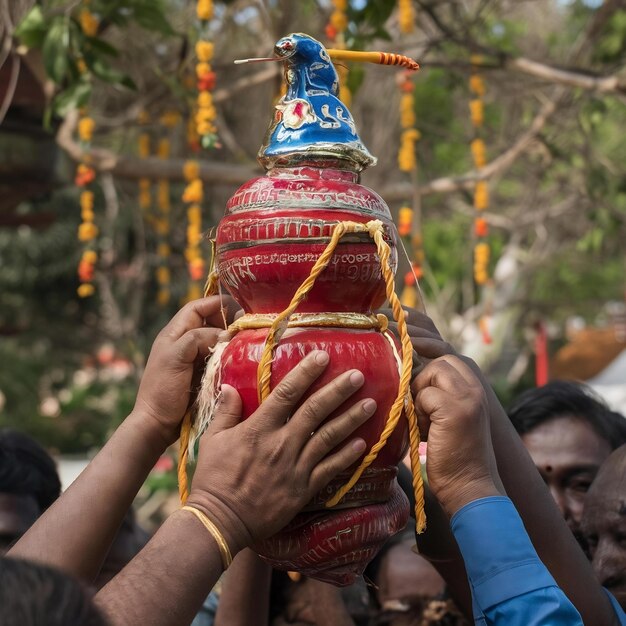 Fotografía de la tradicional olla de tierra dahi handi o matka atada en lo alto en el festival de gokulashtami
