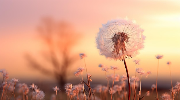 Una fotografía tranquila y atmosférica que captura la serena belleza de un diente de león de color melocotón