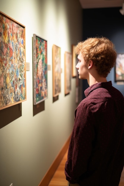 Fotografia traseira de um jovem admirando uma exposição de arte criada com IA gerativa