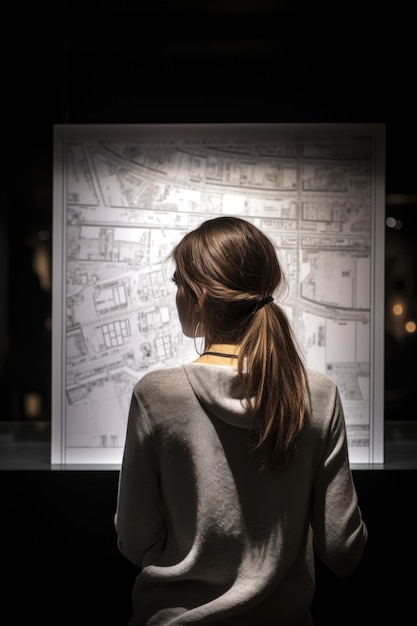 Foto fotografía trasera de una mujer joven mirando algunos planes de arquitectura creados con ia generativa