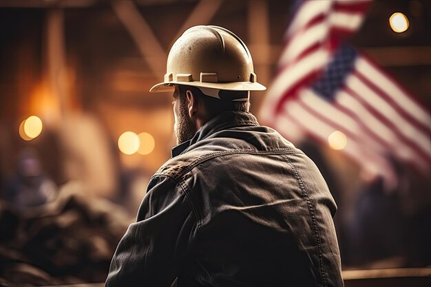 Fotografía trasera de un trabajador contratista con casco y caminatas de seguridad en la construcción de edificios industriales