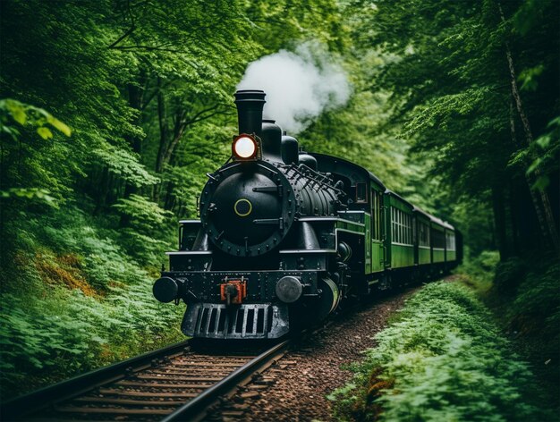 Fotografía de un tren de locomotora a través del bosque