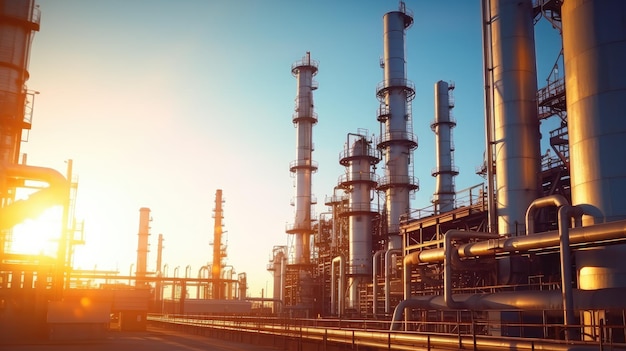 Fotografía de tuberías de torre alta fuera de una gran planta química al atardecer