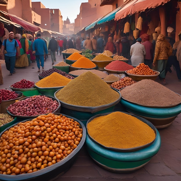 Una fotografía ultra aguda de los vibrantes mercados callejeros de Marrakech con multitudes bulliciosas y