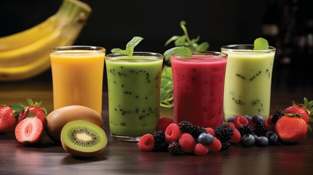 Foto fotografía de varios batidos de frutas frescas con bayas kiwi y verduras en una mesa