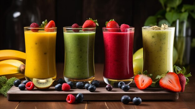 Foto fotografía de varios batidos de frutas frescas con bayas kiwi y verduras en una mesa