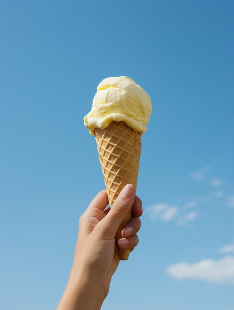 fotografía de verano de una mano de hombre sosteniendo un helado ai generado