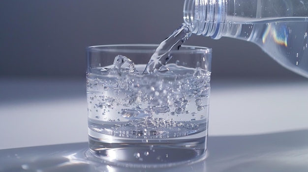 Fotografía de verter agua de una botella de plástico en un vaso transparente con blanco con camino de recorte