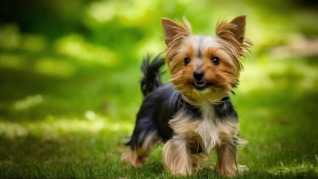 Fotografía vertical de un adorable Yorkshire terrier aislado sobre un fondo verde