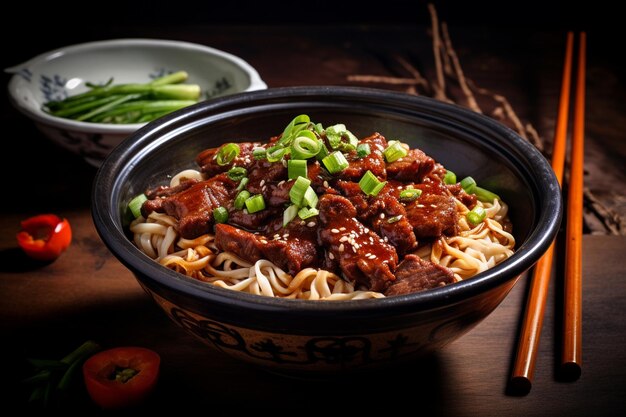 Fotografía vertical de alto ángulo de un plato de fideos y carne junto a algunos palillos en una mesa