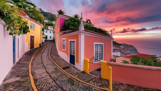 Fotografía vertical de un camino en medio de los edificios en Funchal Madeira, Portugal