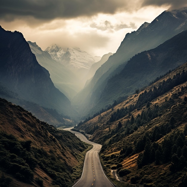 fotografía vertical de una carretera rodeada de altas montañas rocosas cubiertas de nubes blancas