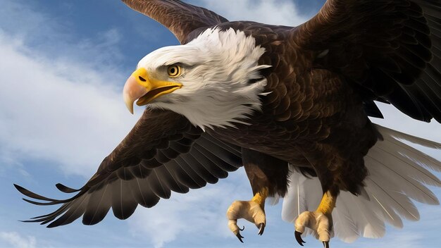 Fotografía vertical de cerca del águila calva mientras vuela en el cielo