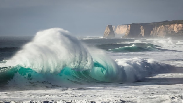 Fotografia vertical das ondas espumosas do Oceano Atlântico perto do município de Nazaré, em Portugal