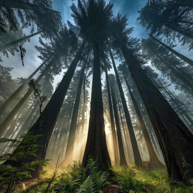 Foto fotografia vertical de baixo ângulo de uma floresta cheia de árvores altas no início da manhã