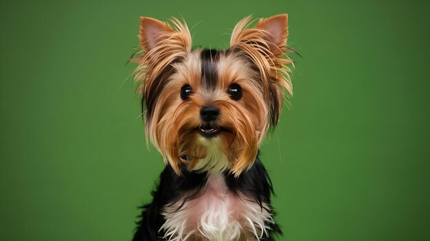 Fotografia vertical de um adorável Yorkshire terrier isolado em um fundo verde