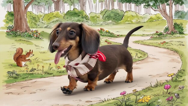 Fotografia vertical de um bonito dachshund anão castanho com um lenço elegante no pescoço andando em um parque