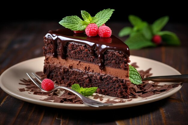 Fotografia vertical de um delicioso bolo de chocolate em um prato ao lado de alguns pedaços de chocolate