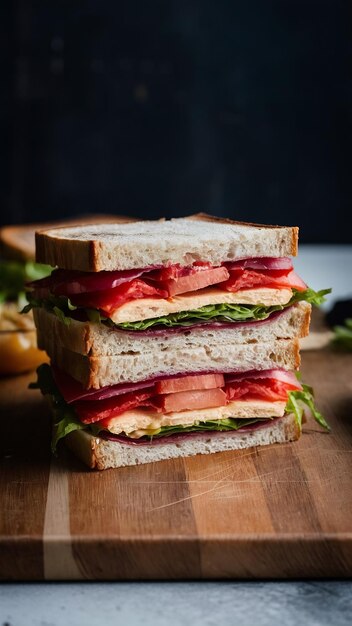 Fotografia vertical de um delicioso sanduíche em uma tábua de cortar