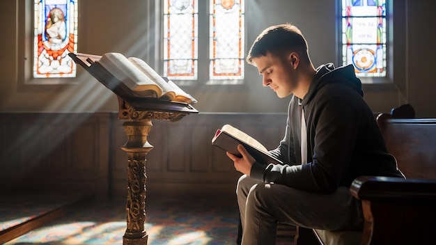 Fotografia vertical de um homem lendo a Bíblia perto do estande na igreja