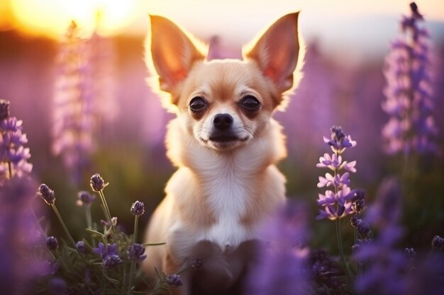 Foto fotografia vertical de um lindo chihuahua pequeno em meio a flores silvestres roxas no campo