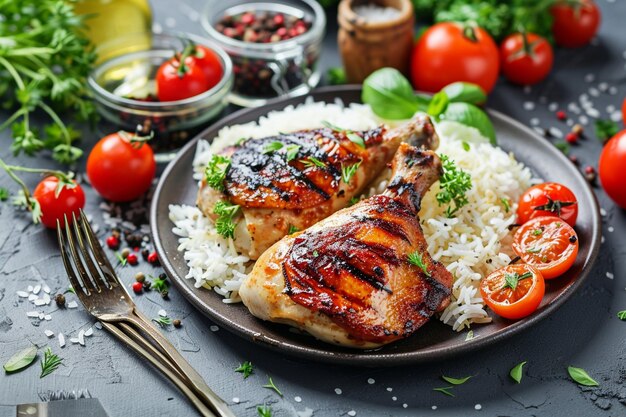 Fotografia vertical de um prato de delicioso arroz cozido com especiarias e frango na mesa