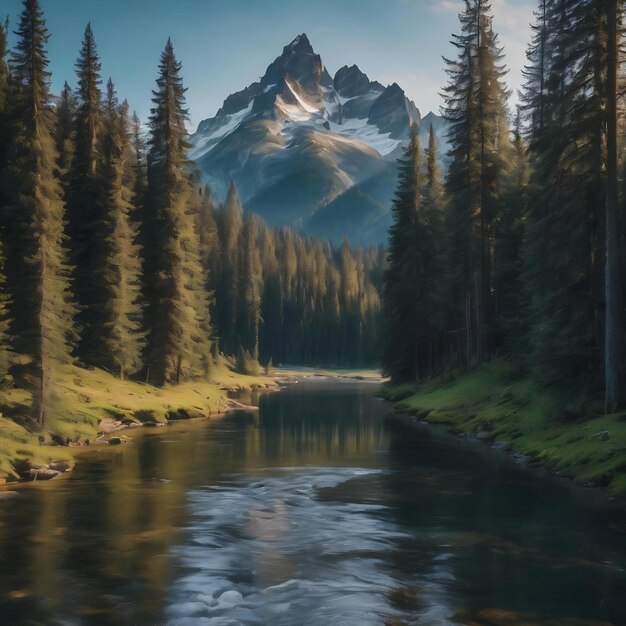 Fotografia vertical de um rio com fundo de abetos e montanhas