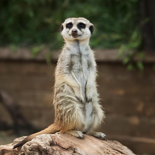 Foto fotografia vertical de um suricata de pé em uma madeira