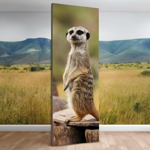 Foto fotografia vertical de um suricata de pé em uma madeira