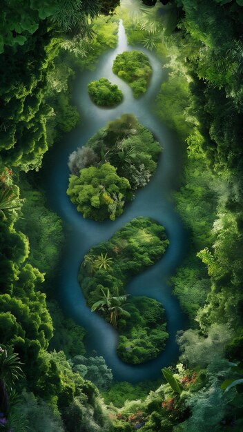 Fotografia vertical de uma floresta espessa e um rio