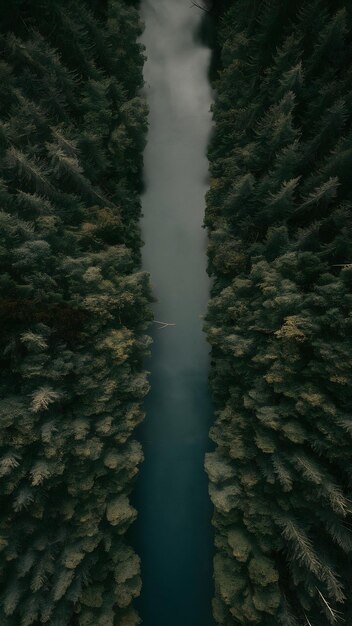 Fotografia vertical de uma floresta espessa e um rio