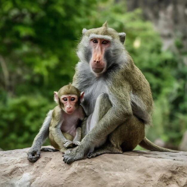 Fotografia vertical de uma mãe e um bebê macaco babuíno descansando na rocha