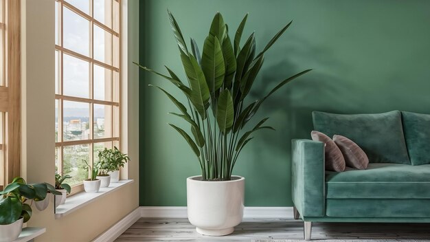 Foto fotografia vertical de uma planta de folhas longas verdes em uma panela branca dentro de uma sala ótima para uma decoração de sala