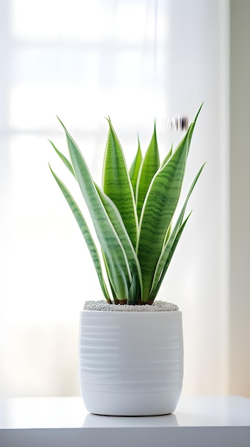 Fotografia vertical de uma planta em uma panela branca dentro de uma sala de luz natural ótima para uma decoração de sala