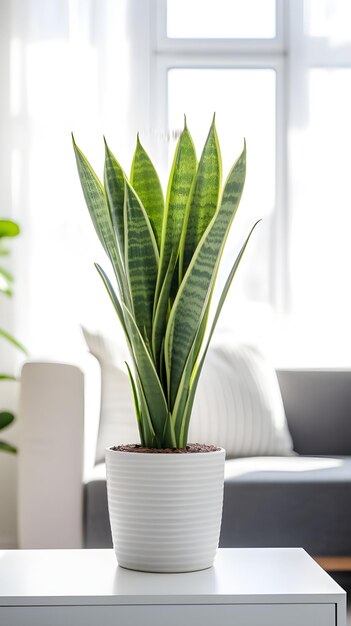 Fotografia vertical de uma planta em uma panela branca dentro de uma sala de luz natural ótima para uma decoração de sala