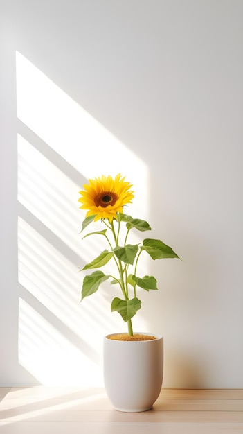 Fotografia vertical de uma planta em uma panela branca dentro de uma sala de luz natural ótima para uma decoração de sala