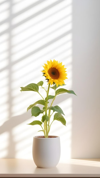 Fotografia vertical de uma planta em uma panela branca dentro de uma sala de luz natural ótima para uma decoração de sala