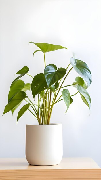 Fotografia vertical de uma planta em uma panela branca dentro de uma sala de luz natural ótima para uma decoração de sala