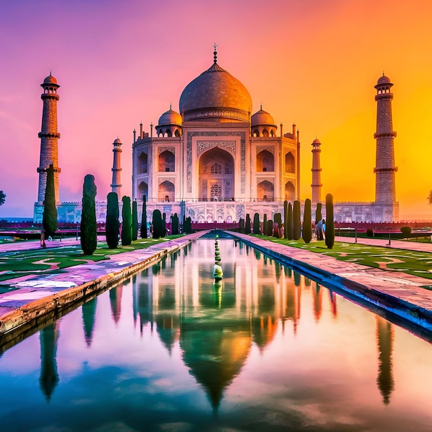 Fotografia vertical do histórico Taj Mahal reflete a antiga espiritualidade ao pôr-do-sol