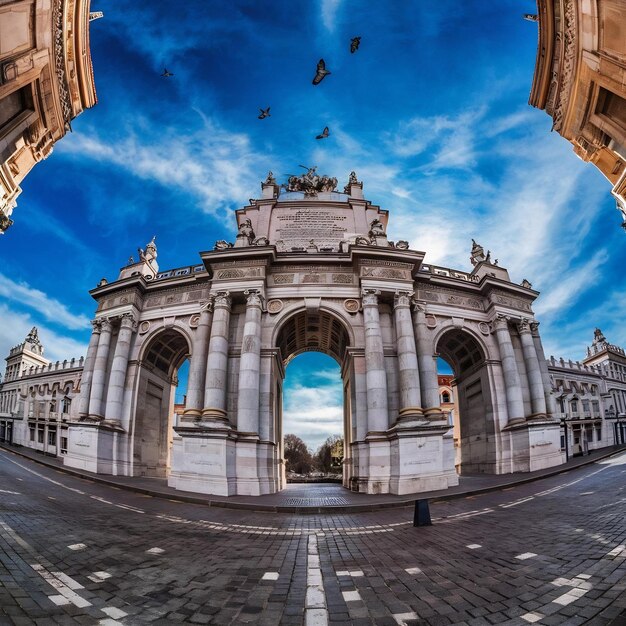 Foto fotografia vertical do monumento neoclássico puerta de alcala em madri sob um céu azul