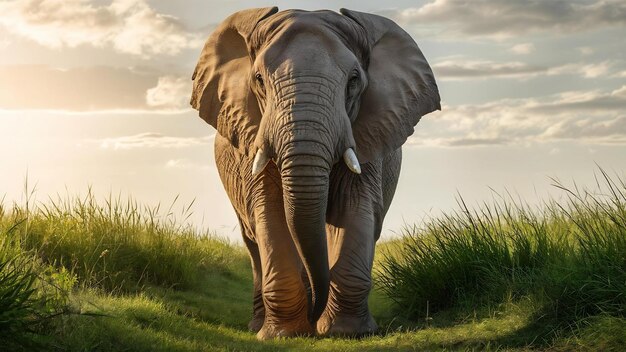 Fotografía vertical de un elefante de pie en un campo cubierto de hierba