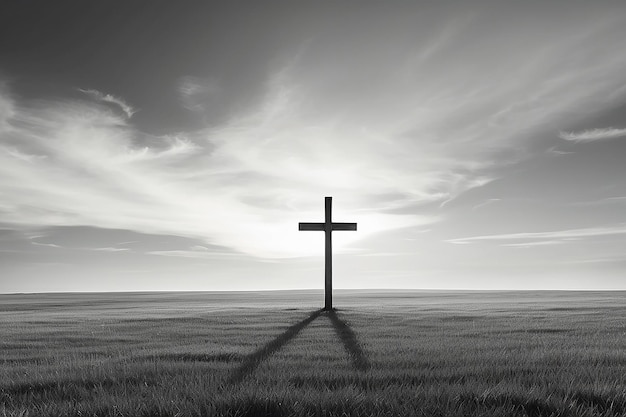 Fotografia vertical em escala de cinza de um campo gramado com uma cruz desfocada