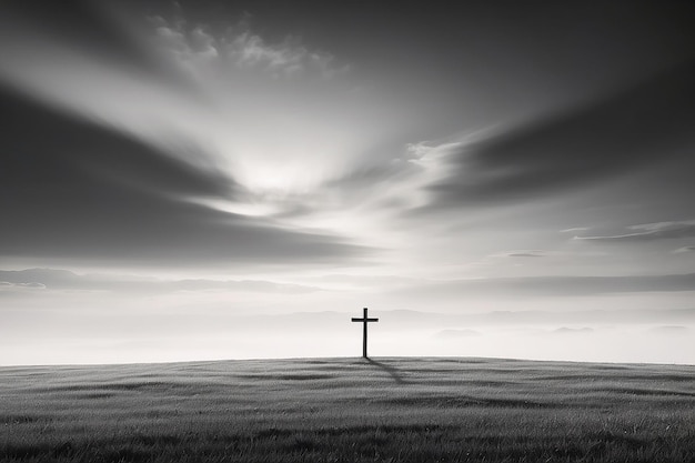 Fotografia vertical em escala de cinza de um campo gramado com uma cruz desfocada