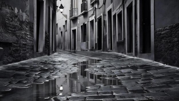 Foto fotografia vertical em escala de cinza de uma rua com edifícios antigos e água da chuva no chão